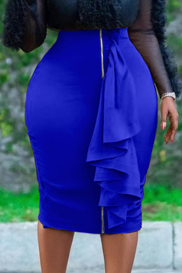 Blauwe casual effen patchwork skinny rok met hoge taille