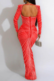 Röd Sexig Patchwork Hot Drilling Genomskinlig rygglös fyrkantig krage långärmade klänningar