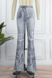 Hellgraue Patchwork-Jeans mit hoher Taille und Street-Print