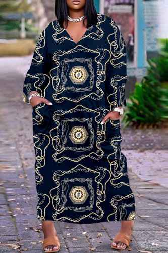 Blue Casual Print Patchwork V Neck Straight Dresses