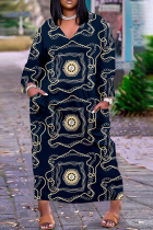 Vestidos rectos con cuello en V de patchwork con estampado informal azul