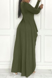 Army Green Casual Solid Patchwork Asymmetrical O Neck Long Sleeve Two Pieces
