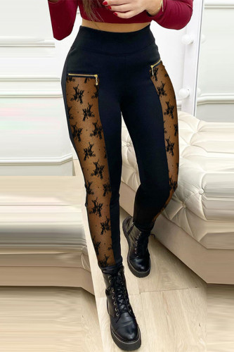 Black Casual Solid Patchwork See-through Skinny High Waist Pencil Patchwork Bottoms