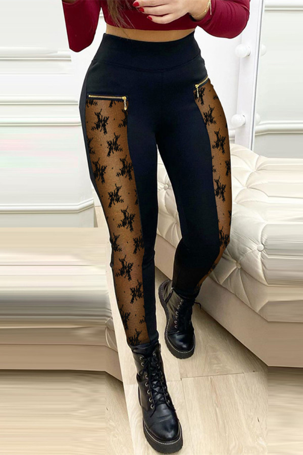 Pantalones de retazos de lápiz de cintura alta flacos transparentes de patchwork sólido informal negro