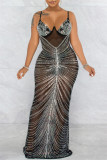 Абрикосовое сексуальное лоскутное горячее сверление прозрачное длинное платье на тонких бретелях с открытой спиной платья