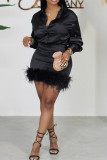 Black Sexy Casual Solid Patchwork Feathers Turndown Collar Long Sleeve Two Pieces