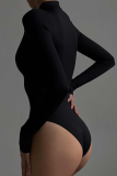 Black Sexy Solid Hollowed Out Half A Turtleneck Skinny Bodysuits