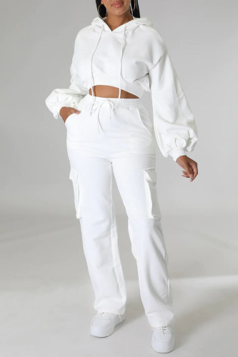White Casual Solid Patchwork Hooded Collar Long Sleeve Two Pieces