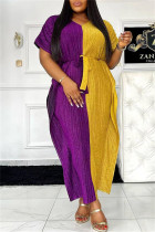 Robe longue décontractée à col en V et patchwork violet