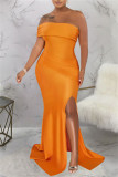 オレンジ セクシー フォーマル 無地 パッチワーク バックレス スリット 斜め襟 イブニングドレス ドレス