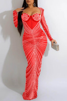 Röd Sexig Patchwork Hot Drilling Genomskinlig rygglös fyrkantig krage långärmade klänningar