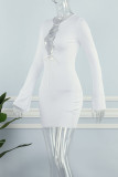 ホワイト セクシー ソリッド バンデージ パッチワーク V ネック ペンシル スカート ドレス