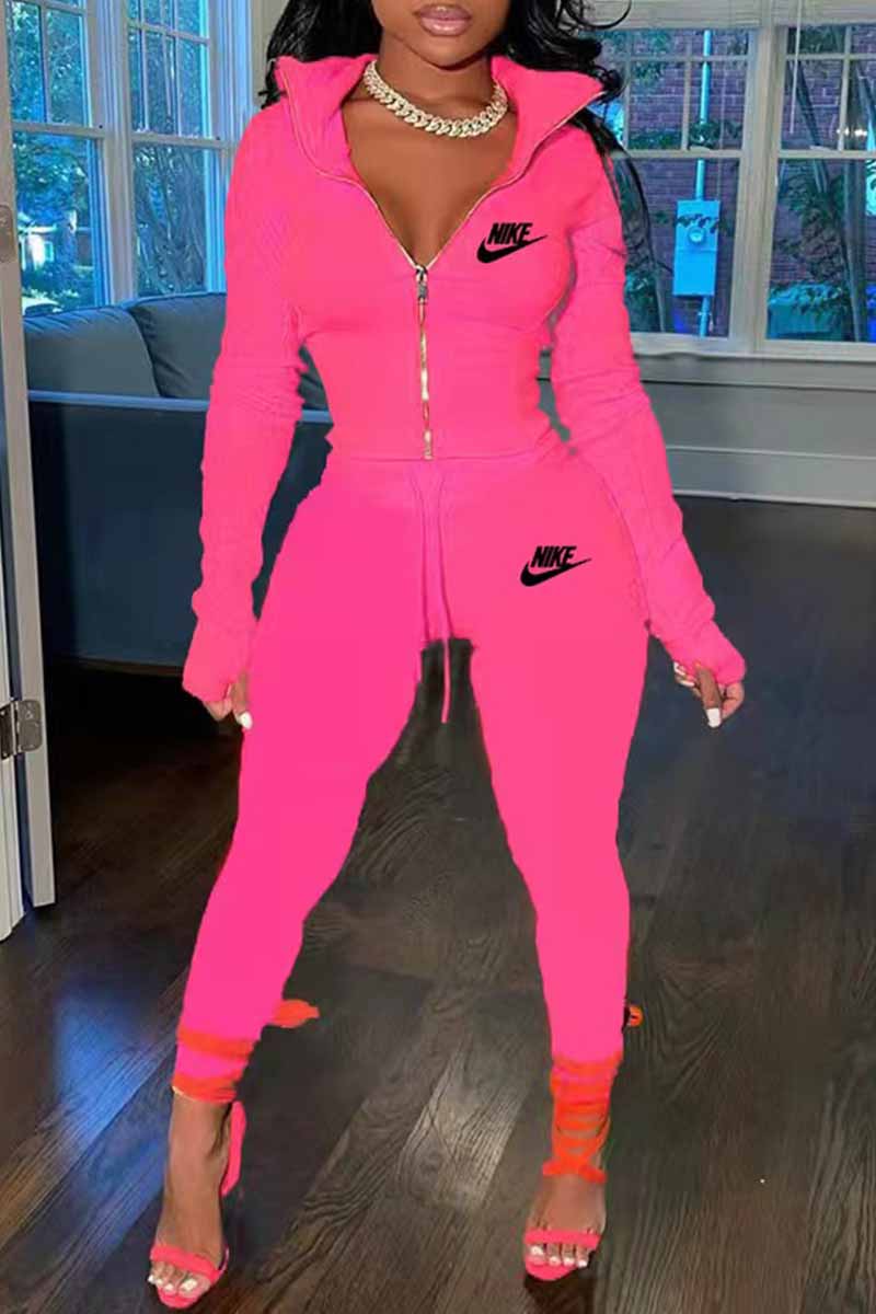 

Pink Sportswear Print Letter Turndown Collar Long Sleeve Two Pieces