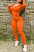 naranja casual sólido patchwork cuello con capucha manga larga dos piezas