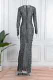 Robes de jupe en une étape à col rond transparents en patchwork solide gris sexy