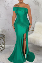 Green Sexy Formal Solid Patchwork Backless Slit Oblique Collar Evening Dress Dresses