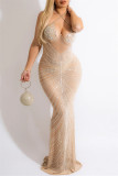Абрикосовое сексуальное лоскутное горячее сверление прозрачное длинное платье на тонких бретелях с открытой спиной платья