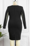 Vestidos casuais pretos de retalhos perfurados a quente transparentes decote em O manga longa plus size