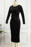 ブラック カジュアル ソリッド パッチワーク 小帯 O ネック ロング スリーブ ドレス