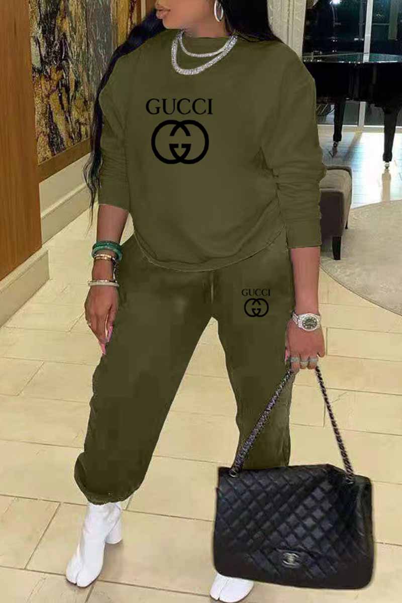 

Army Green Casual Print Letter O Neck Long Sleeve Two Pieces
