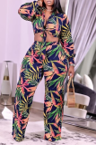 Green Sexy Print Patchwork Turndown Collar Plus Size Two Pieces