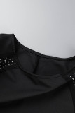 Negro Casual Patchwork Perforación en caliente O cuello transparente Manga larga Tallas grandes Vestidos