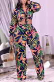 Green Sexy Print Patchwork Turndown Collar Plus Size Two Pieces