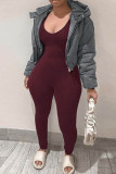 Brown Red Fashion Casual Solid Patchwork V Neck Plus Size Jumpsuits