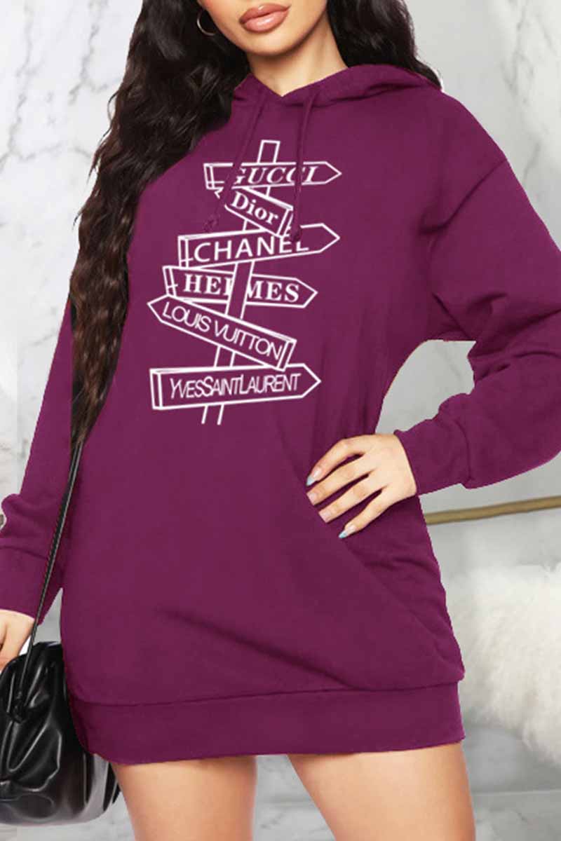 

Purple Casual Print Letter Hooded Collar Tops