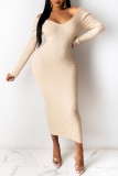 Cream White Casual Solid Patchwork V Neck Long Sleeve Plus Size Dresses
