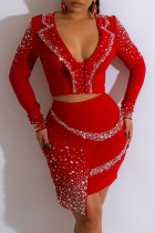 Red Sexy Patchwork Hot Drill V Neck Long Sleeve Two Pieces