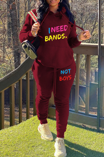 Burgundy Street Letter Print Hooded Collar Long Sleeve Sweatshirt And Pants Sportwear Two Piece Jogger Set