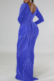 Blå Sexig Solid Patchwork Genomskinlig Hot Drill O Neck Aftonklänning Klänningar