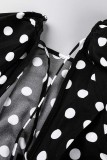 Vestidos casuais pretos com estampa de pontos patchwork gola quadrada manga longa plus size