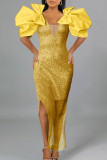 Célébrités dorées Patchwork solide élégant avec robes de soirée à col en V et nœud