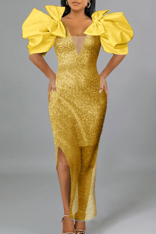 Guldkändisar Elegant solid lapptäcke med rosett V-ringad aftonklänning