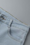 Mittelblaue, lässige, solide Patchwork-Jeans mit hoher Taille und regulärer Denim
