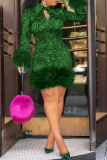 グリーン パーティー プリント フェザー ターンダウン カラー ペンシル スカート ドレス