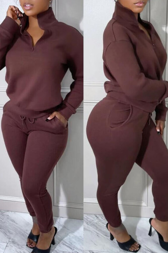 Coffee Casual Solid Patchwork Zipper Collar Long Sleeve Two Pieces