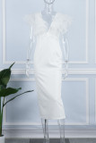 ホワイト エレガント ソリッド パッチワーク Vネック ワンステップ スカート ドレス