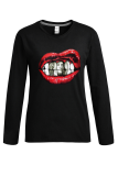 Black Casual Daily Lips Printed Patchwork O Neck Tops
