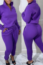 Purple Casual Solid Patchwork Zipper Collar Long Sleeve Two Pieces