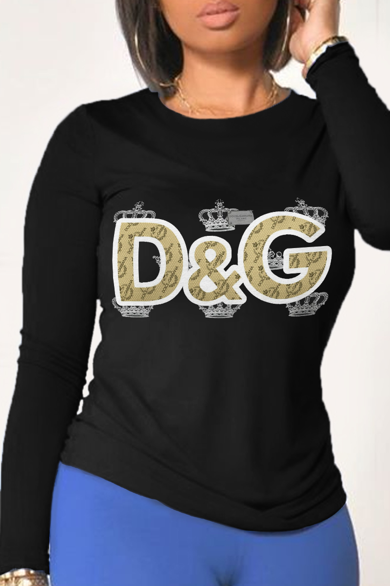 

Black Street Daily Print Patchwork Letter O Neck Tops