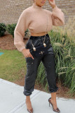 Black Casual Solid Patchwork With Belt High Waist Pencil Solid Color Bottoms