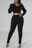 Noir Casual Sportswear Solid Patchwork V Neck Long Sleeve Two Pieces
