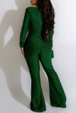 Grüner, sexy, fester Patchwork-Overall mit V-Ausschnitt und Stiefelschnitt