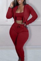 Burgundy Casual Solid Patchwork Hooded Collar Long Sleeve Three Pieces Bra Tops Jackets And Skinny Pants Sets