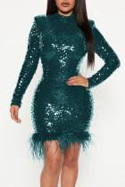 Vert Sexy Solide Paillettes Patchwork Plumes O Cou Crayon Jupe Robes