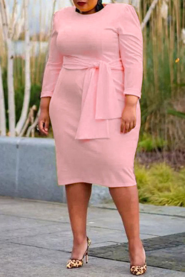 Roze casual effen bandage patchwork O-hals rechte jurken met grote maten