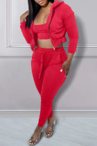 Red Casual Solid Patchwork Hooded Collar Long Sleeve Three Pieces Bra Tops Jackets And Skinny Pants Sets